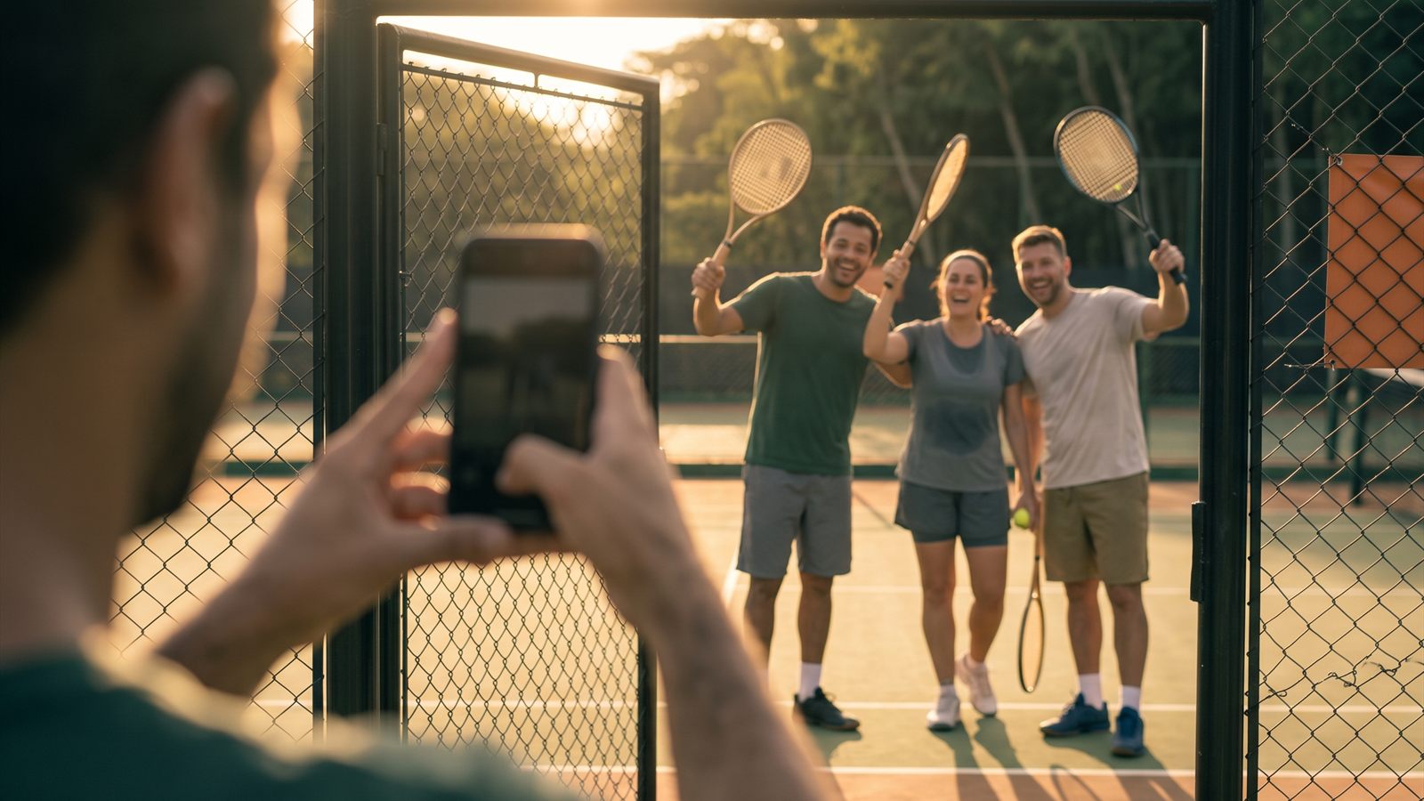 Jogador fotografando os amigos com o celular na quadra depois da partida