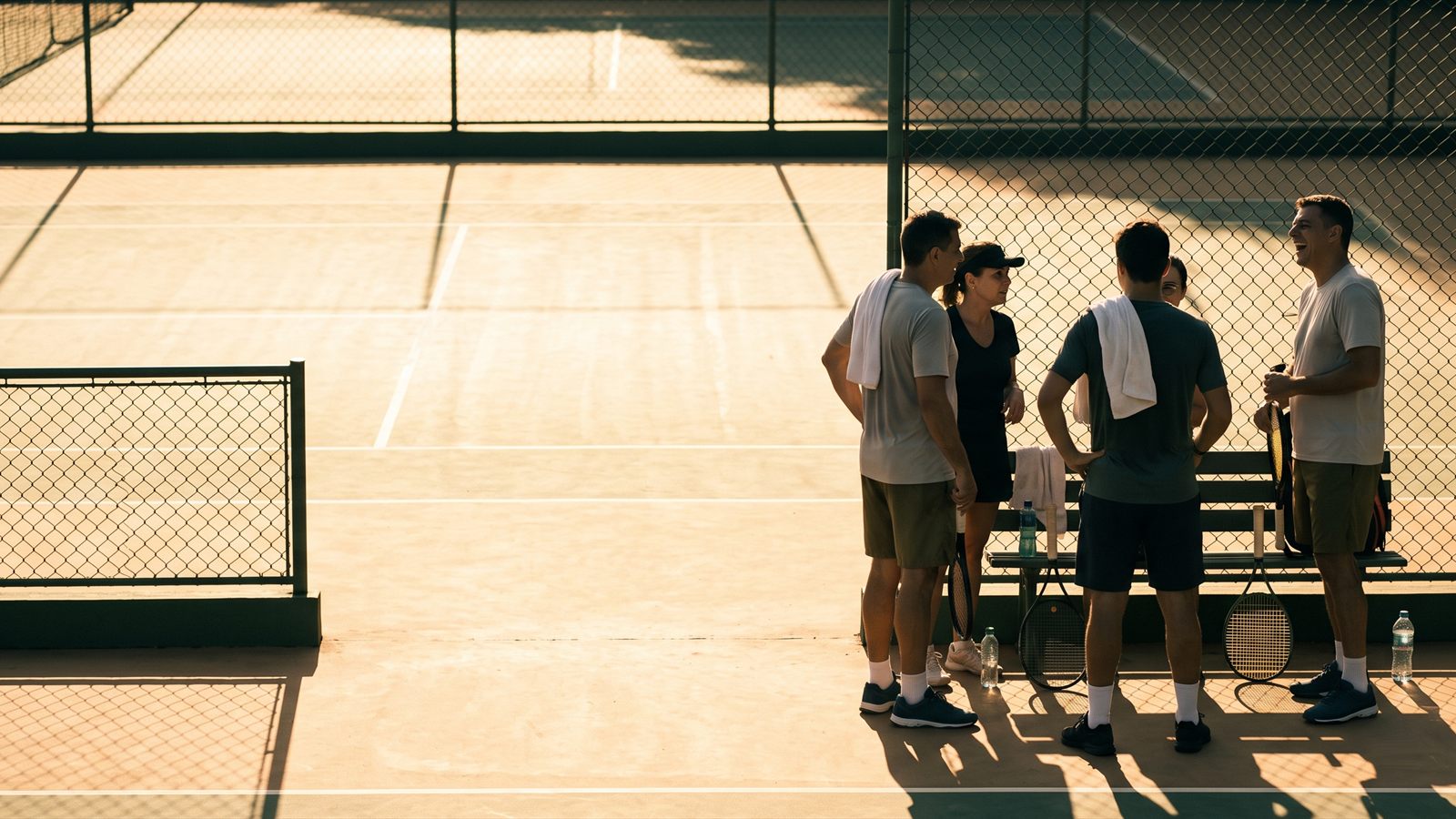 Grupo de jogadores conversando à beira da quadra
